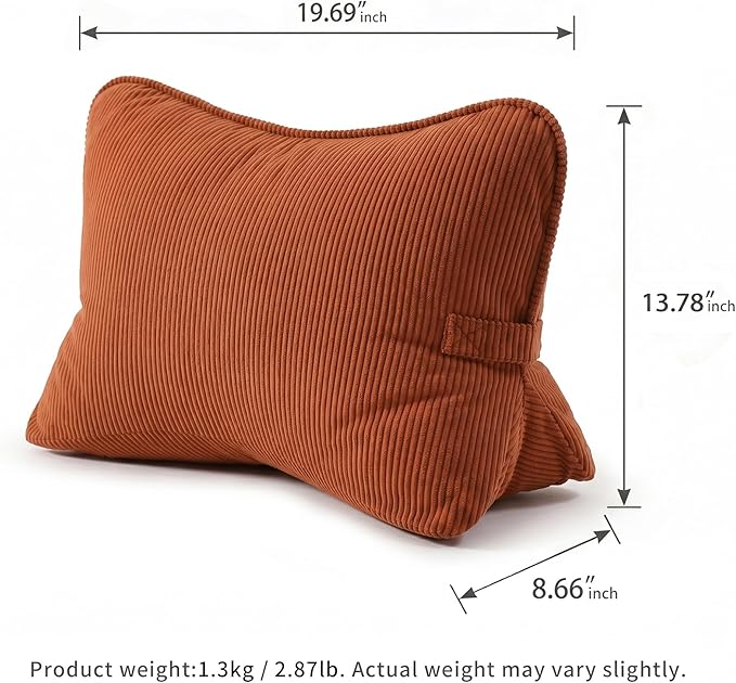 Pat. Pend. Corduroy Back Support Pillow for Bed Sitting and Headboard Support, Lumbar Cushion for Relaxing and Watching TV, Triangle Backrest Pillow, Brick Red