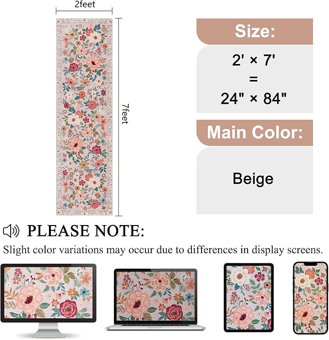 DUKINO Runner Rug, 2x7 Boho Kitchen Rug for Hallways with Low Pile Design, Washable Non Slip Backing Soft Floral Runner for Kitchen, Hallway, Entryway, Bedroom, Laundry, Beige