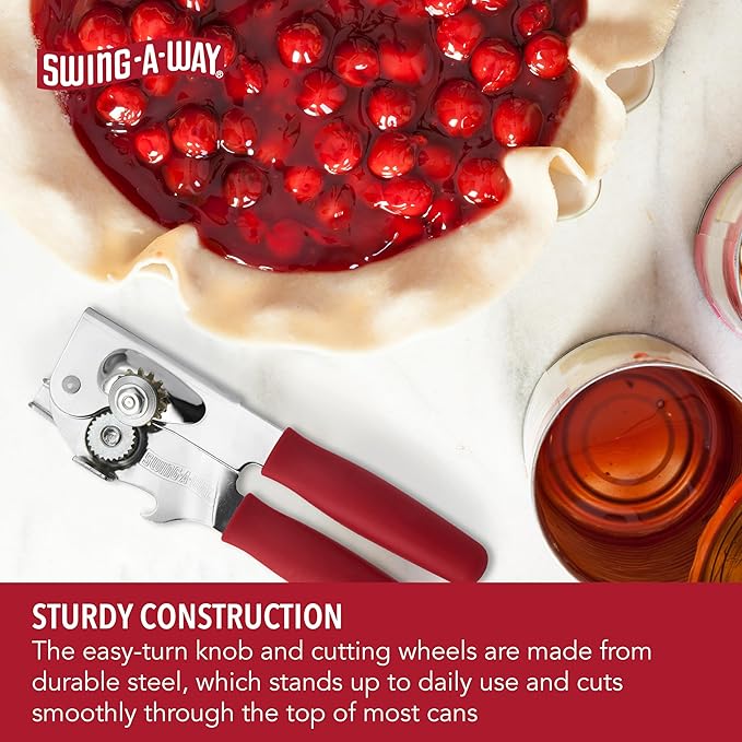 Swing-A-Way Portable Can Opener with Sharp Blade, Manual Hand Held, 2-in-1 Can and Bottle Opener, Made of Steel, Easy Turn Knob, Basic Kitchen Essentials (Red)