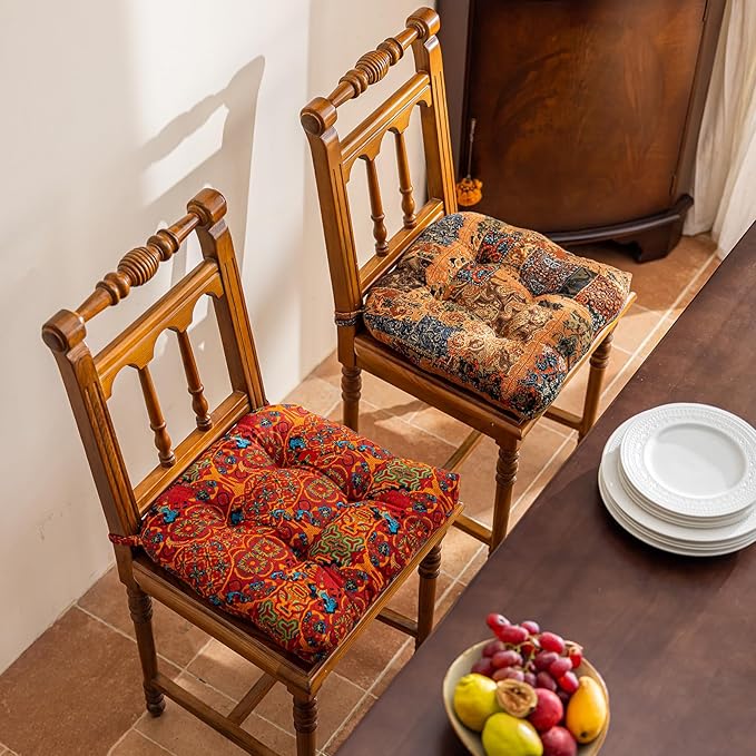vctops Boho Paisley Chair Cushions with Ties Patchwork U-Shaped Soft Cozy Cotton Linen Chair Pads Non Slip Seat Cushions for Indoor Dining Room and Kitchen Chairs (Tan,16"x16")