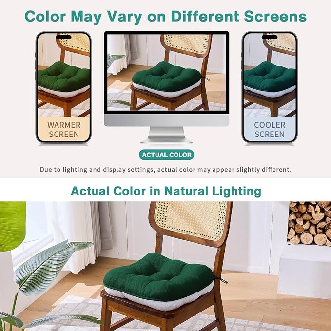 BETU Chair Cushions for Dining Chairs Set of 6,3.5" Thick Kitchen Table Chair Pads with Ties,Non Slip Backing and Covers, Seat Cushion for Dining Room,Bar,Patio Chairs,15.5"X15.5"X3.5",Dark Green