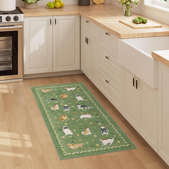 DUKINO 2x4 Runner Rug for Entryway, Animal Dog Print Washable Kitchen Rug with Non Slip, Low Pile Indoor Door Mat Non Shedding Small Throw Carpet Runner for Hallway, Bathroom, Laundry, Bedroom, Green