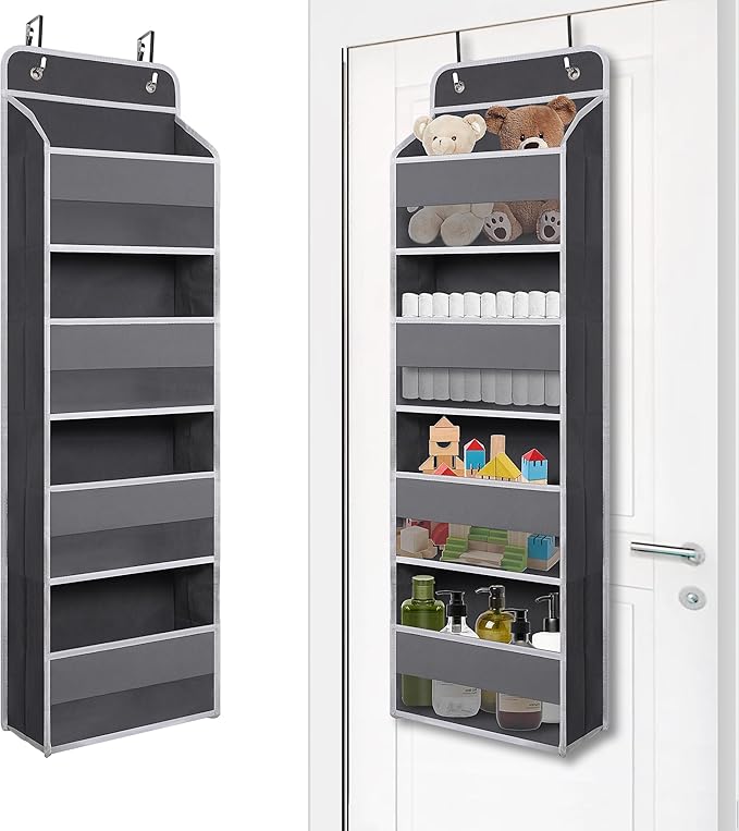 Giraffe Creation Compact Gray Over Door Organizer with 4 Large Clear Pockets, Compact Hanging Door Storage for Closet, Bathroom, Bedroom, Dorm, Nursery Essentials