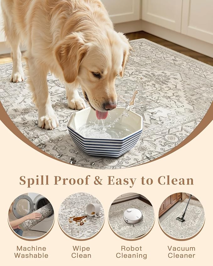 Madane Washable Kitchen Rug Set of 3, Small Area Rug Non-Slip Vintage Entryway Door Mat Indoor Entrance, Low Pile Floor Carpet Runner for Inside Front Door Entry Laundry (2x3+2x4+2x5, Beige/Brown)