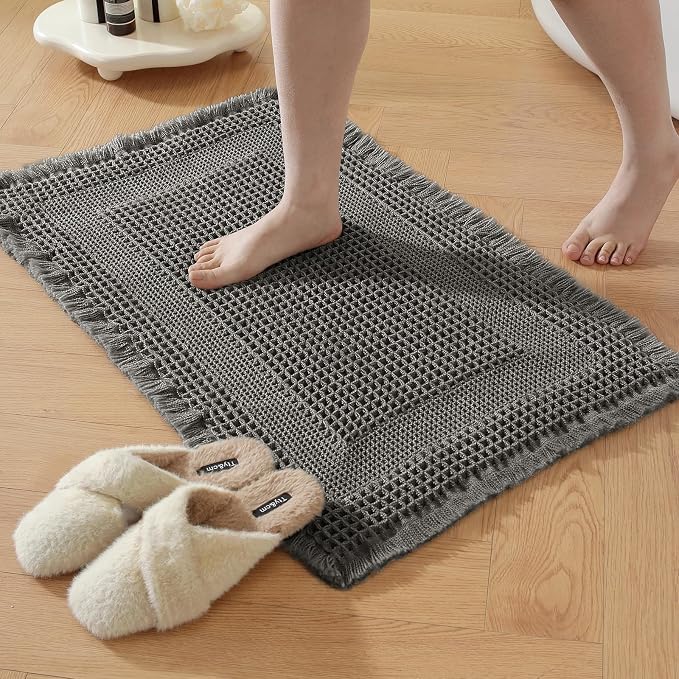 Waffle Bath Mat - Non Slip Bathroom Rugs - Washable Super Absorbent & Quick Dry Bath Mats with Tassels for Hallway Bedroom Laundry Room,17" x 24",Dark Gray