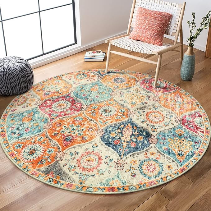 Lahome Round Moroccan Washable Rug, Soft Vintage Small Round Rug 3ft Non-Slip, Ultra-Thin Distress Circle Carpet for Bedroom Entryway Kitchen Bathroom Elise, Burnt Orange