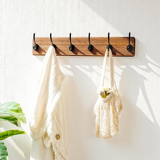 Dseap Coat Rack Wall: 24" Long, Patented, Heavy-Duty, 6-Double-Hooks Wooden Wall Mounted Coat Rack Coat Hanger Hook Rail for Winter Coats Hat Jacket Clothing, Natural & Black