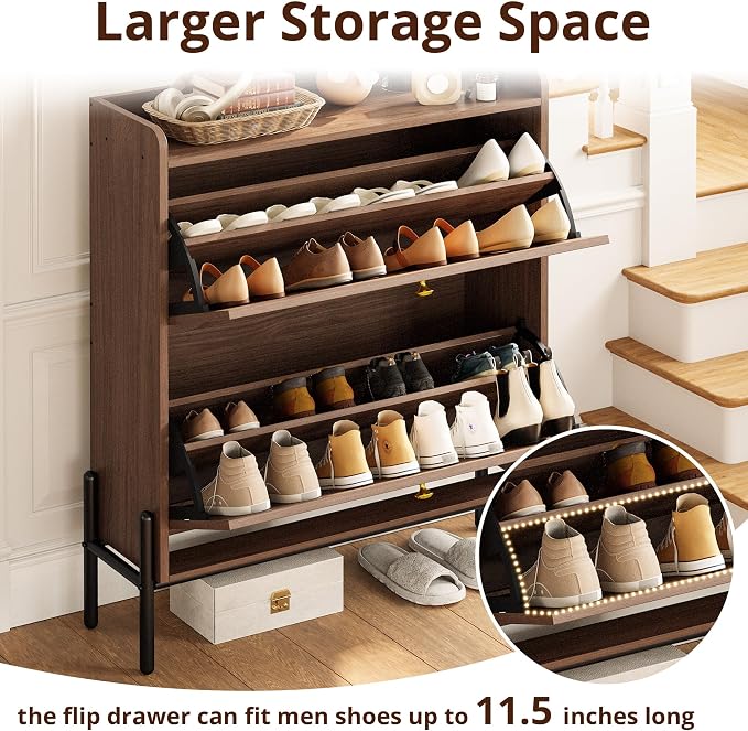 IRONCK Shoe Cabinet Storage with 2 Flip Drawers, Free Standing Wooden Shoe Storage Organizer Cabinet with Rattan Doors for Entryway, Narrow Shoe Rack Cabinet, Walnut