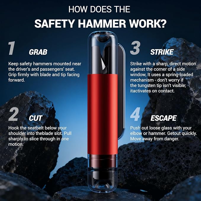 4 Pack Window Breaker Seatbelt Cutter, 2-in-1 Car Window Breaker Tool, Underwater Safety Hammer Glass Breaker, Portable Emergency Escape Tool with Test Glass for Automotive Accidents, Red & Black