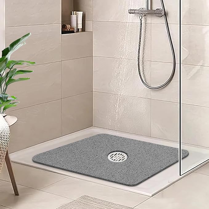 HITSLAM Square Shower Mat, 24 x 24 Inch Non Slip Bath Mat for Tub, Soft PVC Loofah Bathtub Mats with Drain Holes, Quick Drying Bathroom Stall Floor Mat, Bathroom Accessories Without Suction Cup, Grey