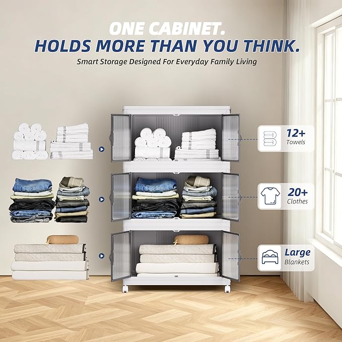 SAILUN 87Gal/348Qt Stackable Storage Bins Folding Collapsible Storage Bins with a Lid, Closet Organizers and Storage,White 26" W x 17" D x 43.7" H