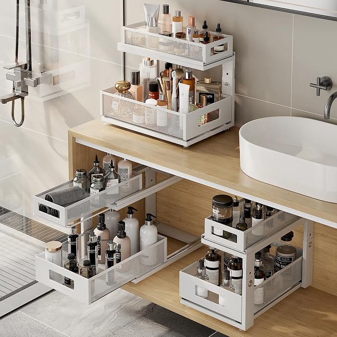 1 Pack 15.74IN-Depth Under Sink Organizer with Next-Gen Ball-Bearing Slides,2-Tier Pull Out Cabinet Storage,Height Adjustable Drawer Shelf for Bathroom,Kitchen,Laundry,Cabinet,Pantry-White
