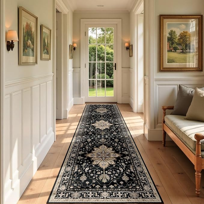 RELEANY Area Rugs Runner 3'x9' Washable Non-Slip, Floral Vintage Distress Medallion Carpet for Kitchen Hallway Bedroom Beside Laundry Room Bathroom, Black Brown Neutral Dark Tan