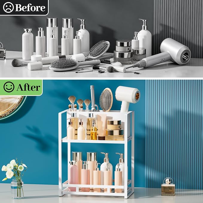 SanDream Hair Tool Organizer Bathroom Countertop, 2-Tier Metal Bathroom Organizer with Blow Dryer Holder, Large Capacity Space-Saving Vanity Shelf for Perfume, Skincare & Makeup Storage (White)