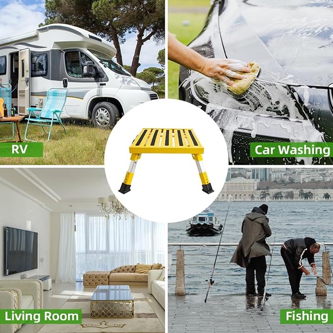 Homeon Wheels Aluminium RV Steps Adjustable Folding Step Stool with Non-Slip Rubber Feet, Stable Platform Supports 1500bs, Safety Strips, Handle, Easy Carry, Outdoor Camper Trailer Travel - Yellow