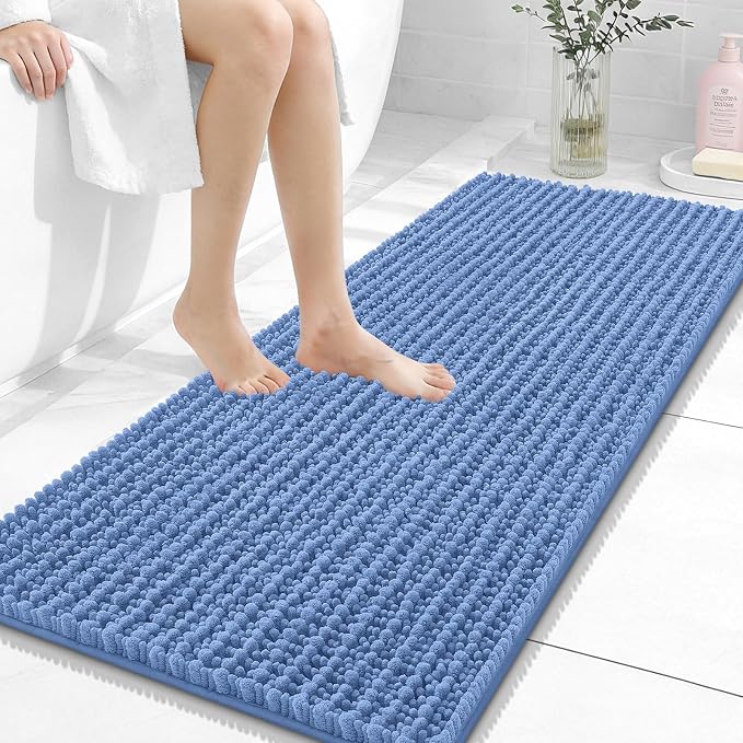 OLANLY Long Bathroom Rugs Runner 47x20, Thick Soft and Absorbent Chenille Bath Mat, Non-Slip, Machine Washable Quick Dry Bath Rugs for Tub Shower Floor, Home Decor Accessories, Cornflower Blue