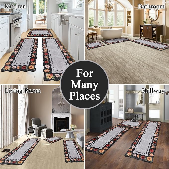 Vaukki Boho Kitchen Rug Sets 3 Pieces, Washable Kitchen Mats for Floor, Non Slip Soft Kitchen Area Rug Floor Mat for Kitchen, Laundry Room and Hallway (Flower-Black, 20''x32''+20''x47''+20''x59'')