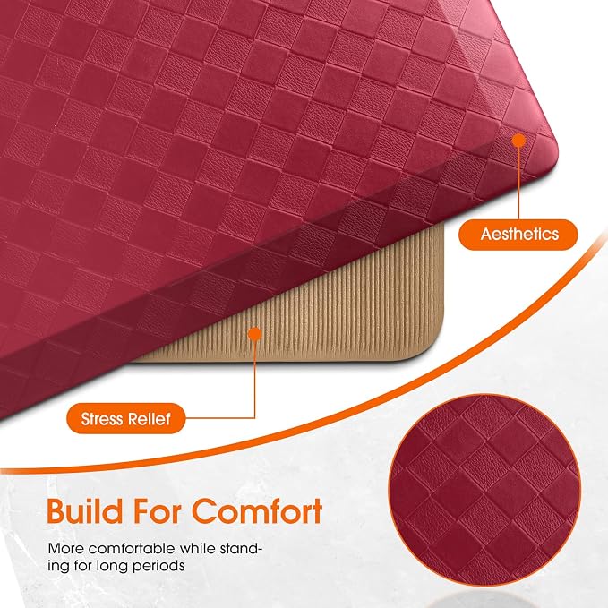 TranquilRelax 4/5 Inch Thick 2-Piece Anti-Fatigue Kitchen Mats, Cushioned Non-Slip Waterproof Sink & Stove Floor Mats, Comfortable Standing Rug Set for Kitchen, Laundry & Entryway, Red
