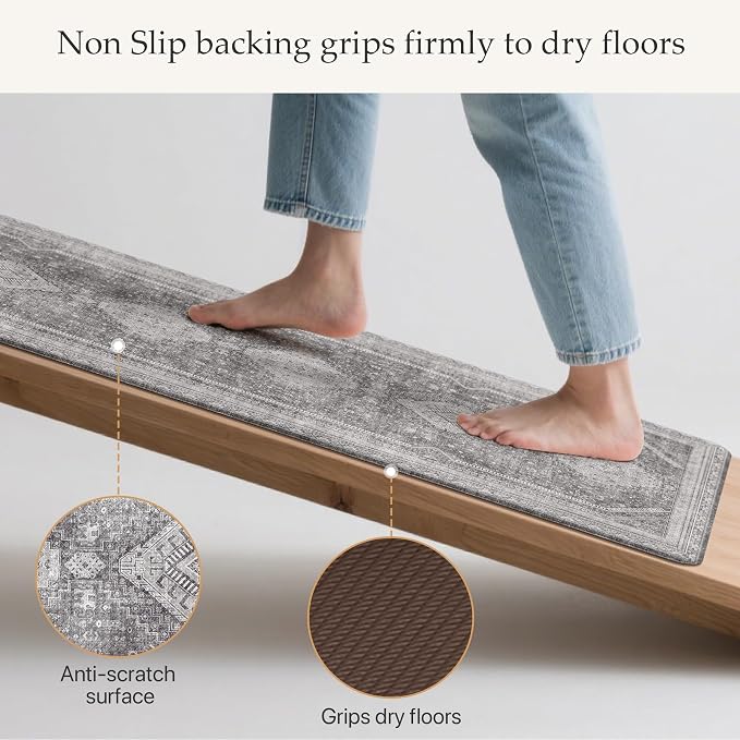 GENIMO Kitchen Mats for Floor 2PCs, Washable Anti Fatigue Mat for Cushioned, 17.3"x47"+17.3"x30", Waterproof Kitchen Rugs, Non Slip Comfort Standing Mat Rug for Home, Sink, Laundry, Ash Gray
