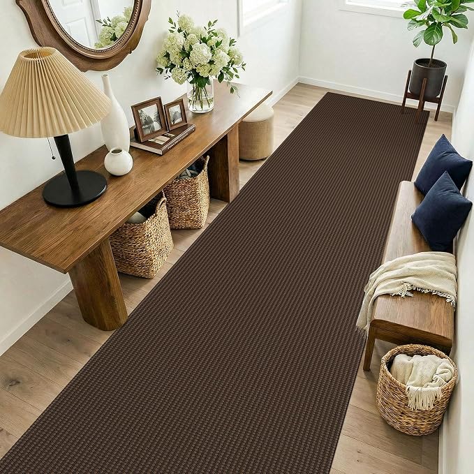 KOZYFLY 3x14 Runners Rugs for Hallway, Long Washable Runner Rug, Non Slip Rubber Backed Kitchen Runner, Flatweave Entryway Rug, Floor Carpet for Entry, Aisle, Hall, Brown/Dark Brown