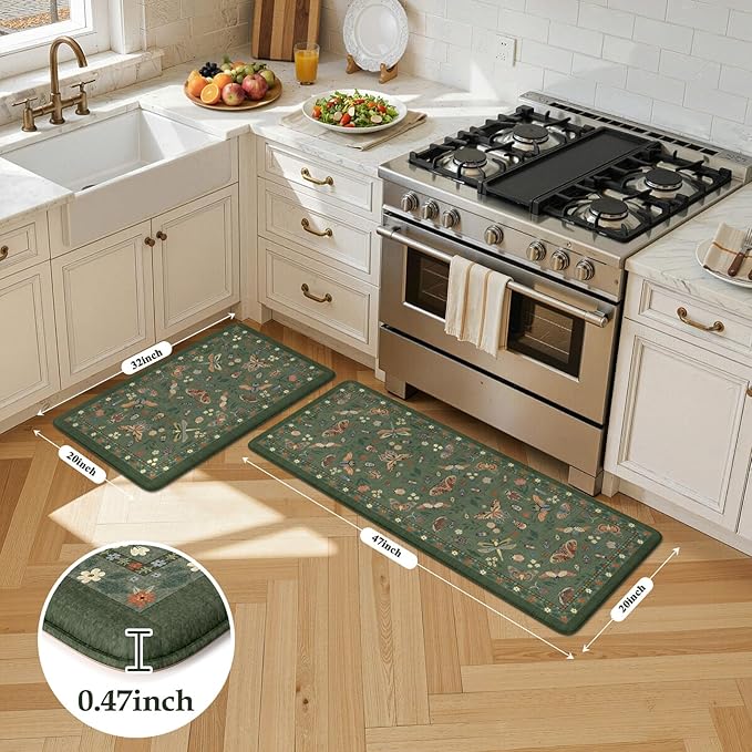 LEEVAN Anti Fatigue Mats for Kitchen Floor Non-Slip, Cushioned Kitchen Mats for Floor 20''x31''+20''x47'', Green Memory Foam Kitchen Mat Set