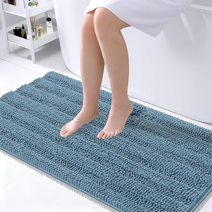 OLANLY Thick Large Bathroom Rugs 45x27, Extra Soft Absorbent Chenille Striped Bath Rugs, Rubber Backing, Machine Wash, Bath Mats for Bathroom Floor, Tub and Shower, Home Decor Accessories, Airy Blue