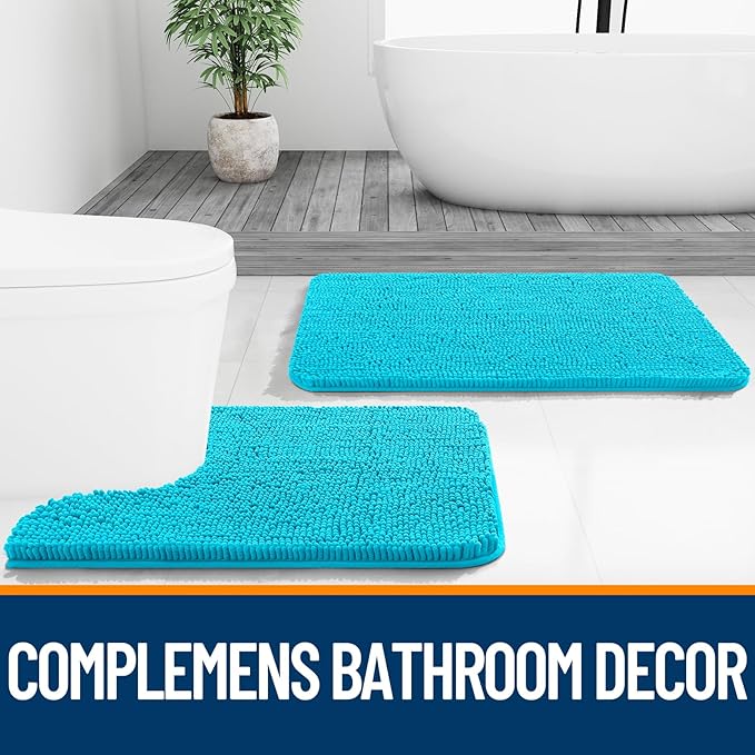 OLANLY Small Bathroom Rugs 24x16, Extra Soft Absorbent Chenille Bath Rugs, Rubber Backing Quick Dry, Machine Washable Bath Mats for Bathroom Floor, Tub and Shower, Home Decor Accessories, Aqua Sky