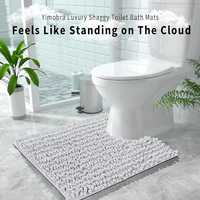 Yimobra Toilet Rug U Shaped Washable 24x24 Inch - Ultra Soft Absorbent Chenille Bath Rugs for Toilet, Quick Dry & Machine Washable, Non Slip Contour Bathroom Mat, Silver
