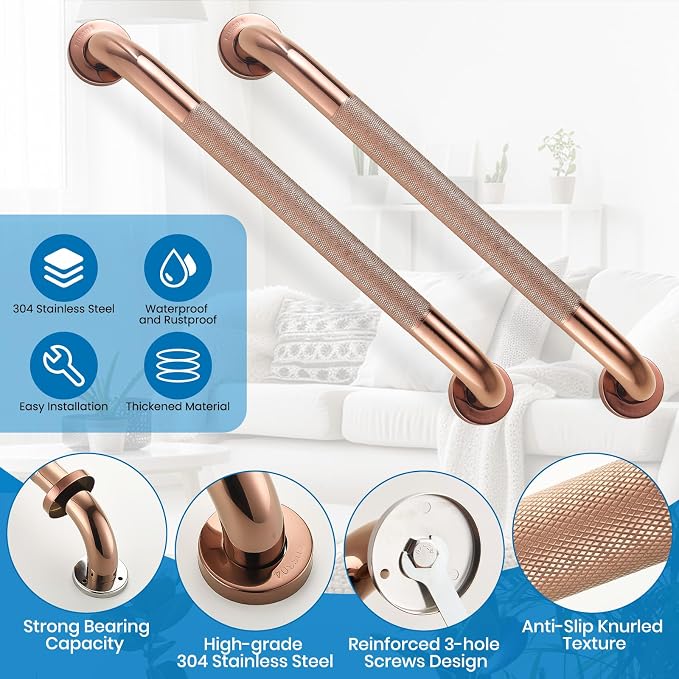 Grab Bars for Shower, Zynuhmo 2 Pack 20 Inch Anti Slip Safety Grab Bar 1.25" Diameter Stainless Steel Shower Handrails for Handicap Injury Pregnant Senior Assist Bath Shower Handles(Rose Gold)
