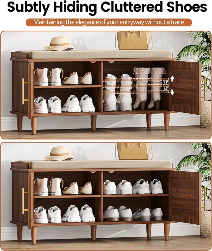 Akxomel Rattan Shoe Storage Bench with Cushion, 2-Tier Entryway Bench with Adjustable Shelves and 2 Doors, 15" D x 39.4" W x 20" H, Solid Wood Legs, for Hallway, Living Room, Bedroom, Walnut
