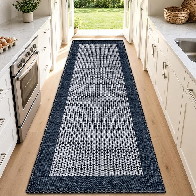 StepRite Kitchen Rugs, Kitchen Mats for Floor, 70"x20" Non-Slip Machine-Washable Kitchen Throw Rug, Navy Blue
