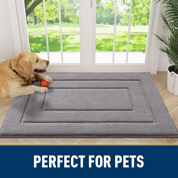 Smiry Dog Door Mat for Muddy Paws, Absorbs Moisture and Dirt, Low-Profile Entryway Mat with Non-Slip Backing, Entry Indoor Outdoor Doormat for Inside Floor (24x16 Inches, Grey, Bordered)
