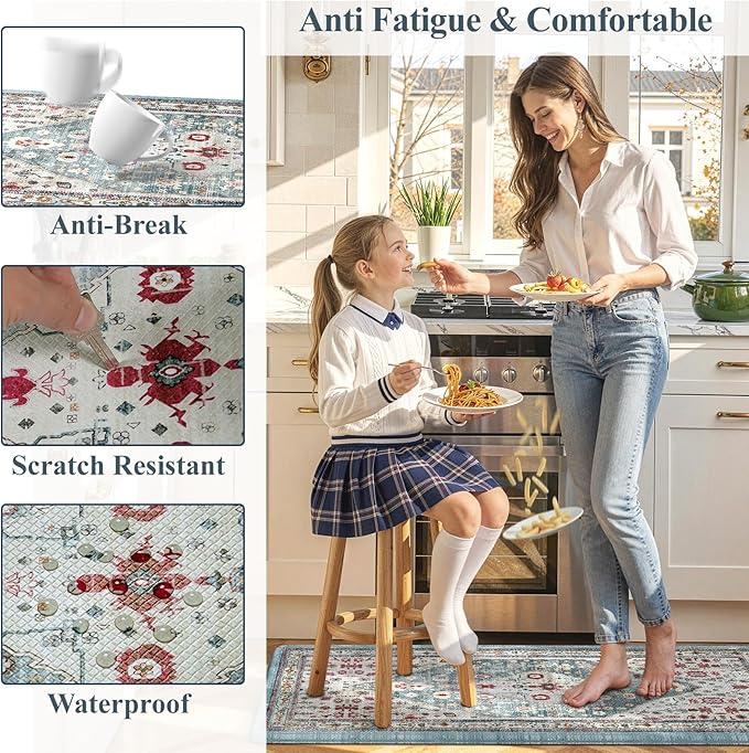 Collive Boho Kitchen Rugs and Mats 2PCS Cushioned Anti-Fatigue Floor Mat, Waterproof Kitchen Rug Set of 2 Non-Skid Comfort Standing Mat for Kitchen,Home,Office,Sink,Laundry,17.3"x29"+17.3"x47"