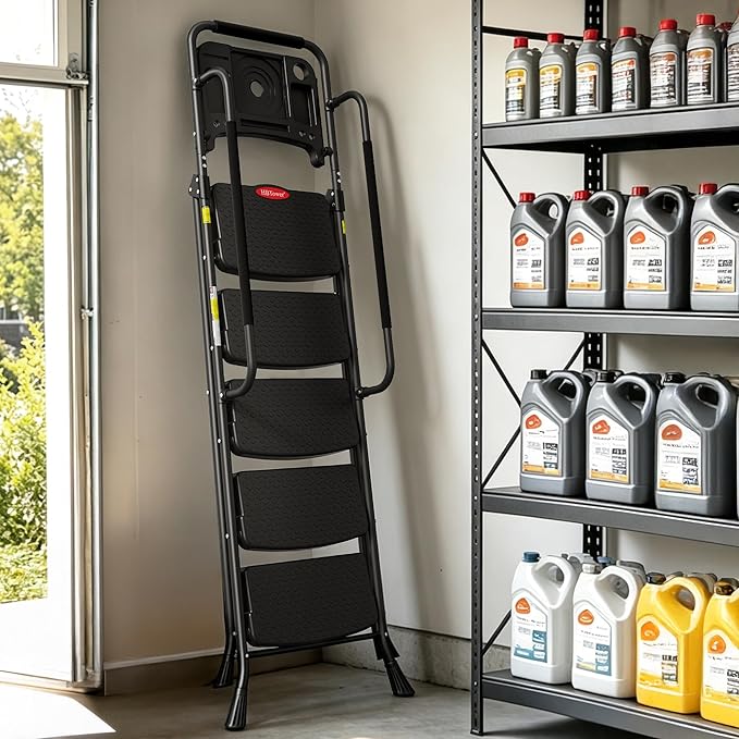 HBTower 5 Step Ladder, Folding Step Ladder with Wide Anti-Slip Pedal & Tool Tray, Step Ladder with Handrails for Home and Kitchen, 330lbs