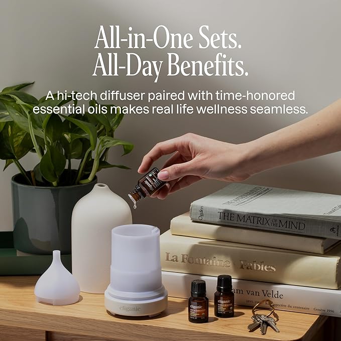 Cliganic Serenity Essential Oils Diffuser Set – Aromatherapy Humidifier with LED for Home, Office & Bedroom Includes Frankincense, Lavender, Grounded & Sleep Essential Oils Christmas Gift Kit