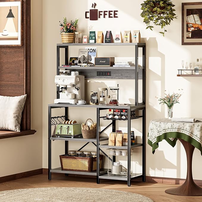 SUPERJARE Bakers Rack with Power Outlet, 35.4 Inches Coffee Bar with Wire Basket, Kitchen Microwave Stand with 6 S-Shaped Hooks, Open Storage Shelves, Charcoal Gray