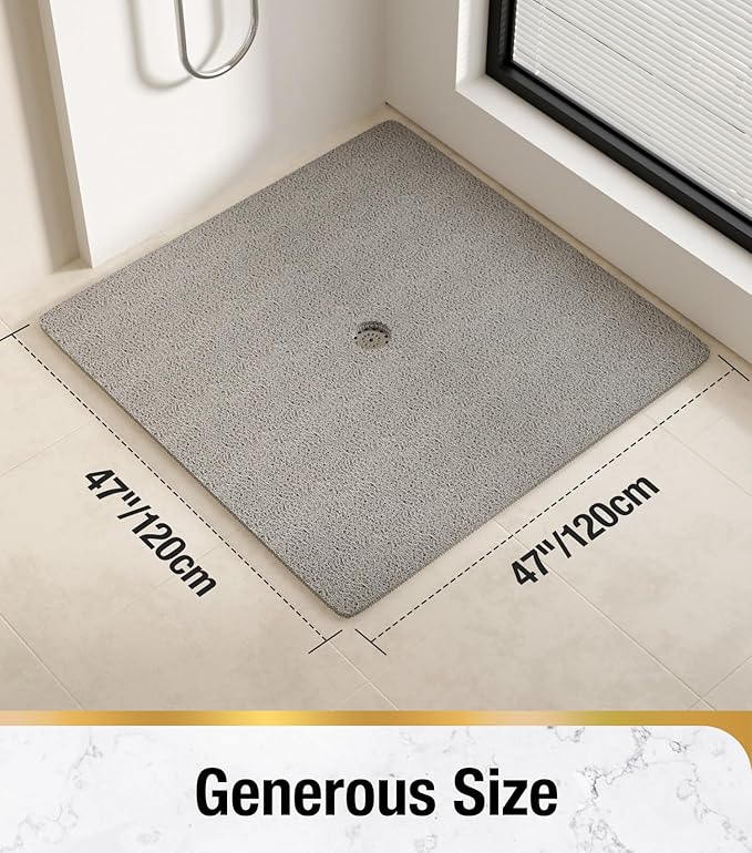 HITSLAM Square Shower Mat, 47 x 47 Inch Non Slip Bath Mat for Tub, Soft PVC Loofah Bathtub Mats with Drain Holes, Quick Drying Bathroom Stall Floor Mat, Bathroom Accessories Without Suction Cup, Grey