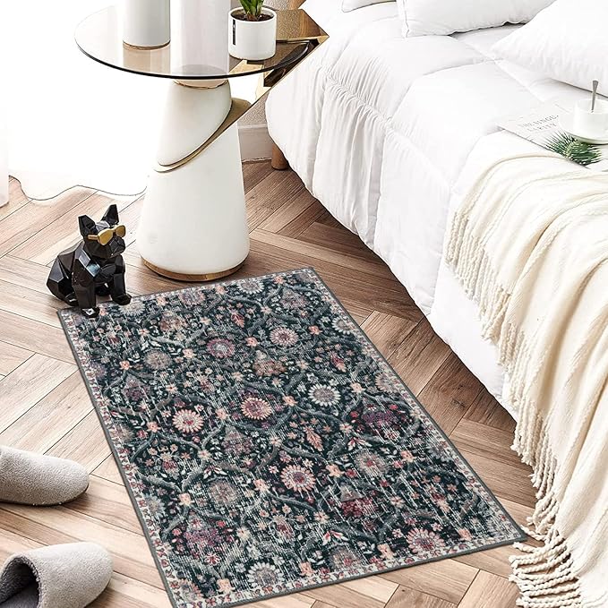 Lahome Moroccan Trellis Washable Rug, 2x3 Entryway Rugs for Kitchen Bathroom, Non-Slip Indoor Door Mat Ultra-Thin, Small Oriental Throw Carpet for Bedroom Entry Elise, Black/Multi