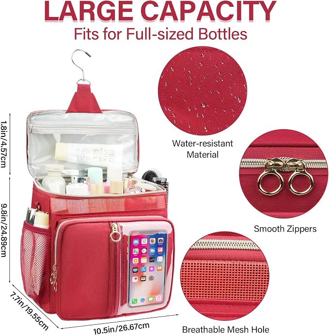 Portable Shower Caddy College Dorm Essentials, Large Toiletry Bag for Women Men, 2 Layers Quickly Dry Mesh Bathroom Tote Bag, Hanging Makeup Organizer Bag for Travel, Gym, Camping (Wine Red)