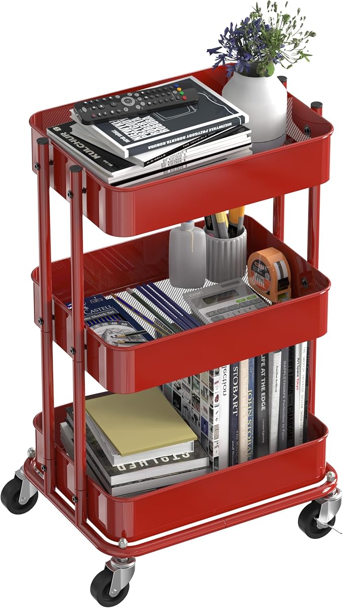 Simple Houseware 3-Tier Compact Utility Rolling Cart, Low 24” Height Fits Under Desk, Space-Saving Storage for Home Office, Dining Room, or Kitchen, Red