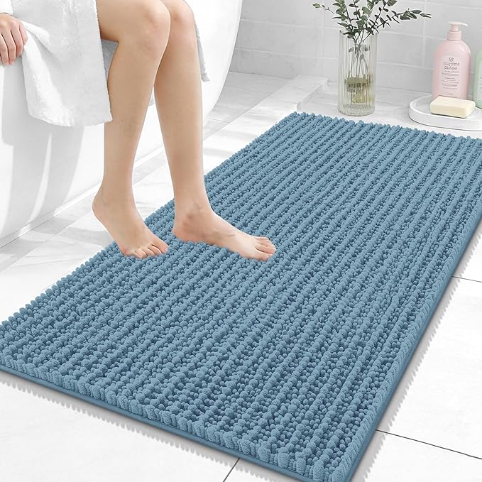 OLANLY Bathroom Rug Mat 44x24, Thick Soft and Absorbent Chenille Bath Mat, Non-Slip Rubber Backing, Machine Washable Quick Dry Bath Rugs for Tub Shower Floor, Home Decor Accessories, Airy Blue