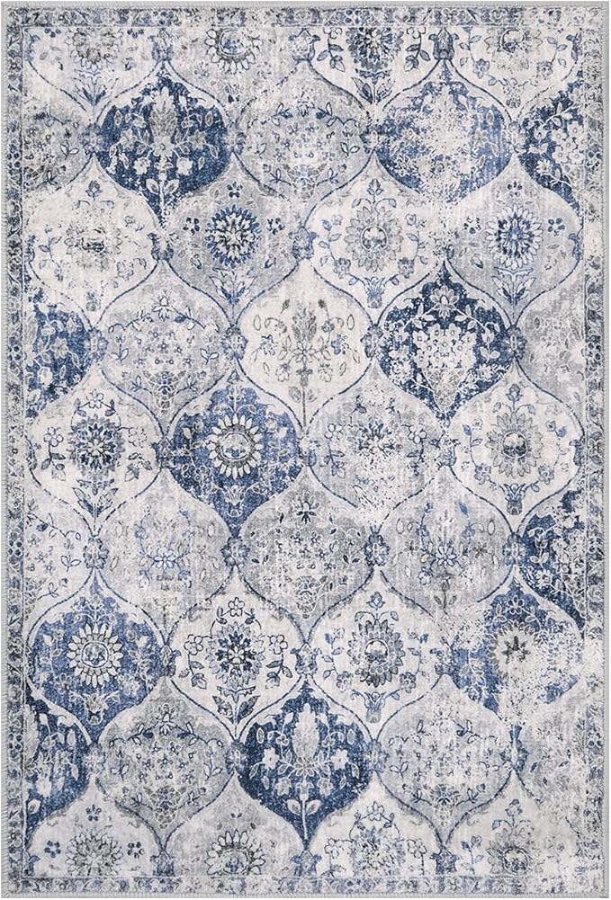 Lahome Moroccan Trellis Washable Rug, 2x3 Kitchen Rugs for Entryway Bathroom, Non-Slip Indoor Door Mat Ultra-Thin, Small Oriental Throw Carpet for Bedroom Entry Elise, White/Royal Blue