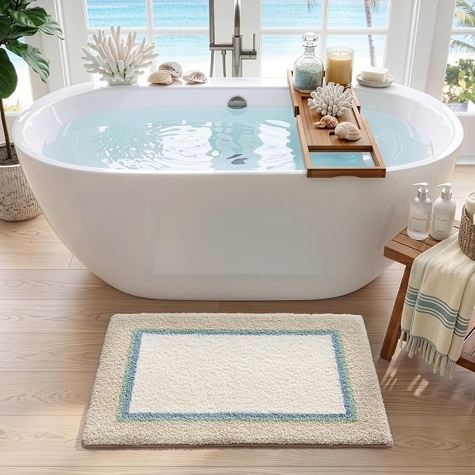 DEXI Bathroom Rugs 32x20, Absorbent Extra Soft Plush Microfiber Bath Mat for Bathroom, Non Slip Washable Bathmat Quick Dry for Shower Floor, Sink, Tub, Laundry Room, Beige and White