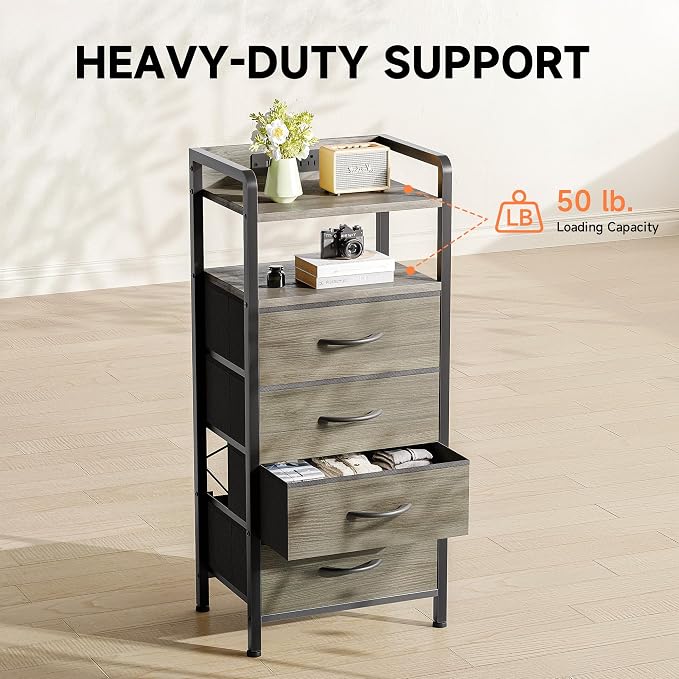 Lazzanto Grey NightStand with Charging Station - Morden Nightstand with USB Ports & AC Outlets, Grey End Table with Storage Shelf & 4 Fabric Drawers, LED Light Strip