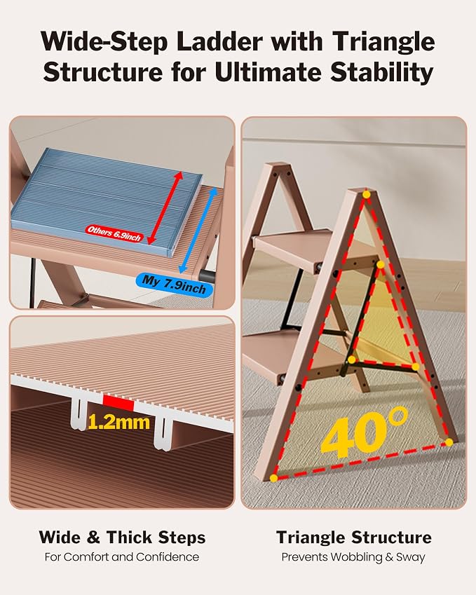 2 Step Ladder, Aluminum Lightweight Folding 2 Step Stool with Anti-Slip Wide Pedal,330lbs Capacity Steel Ladder for Office and Household(Light Peach Pink)