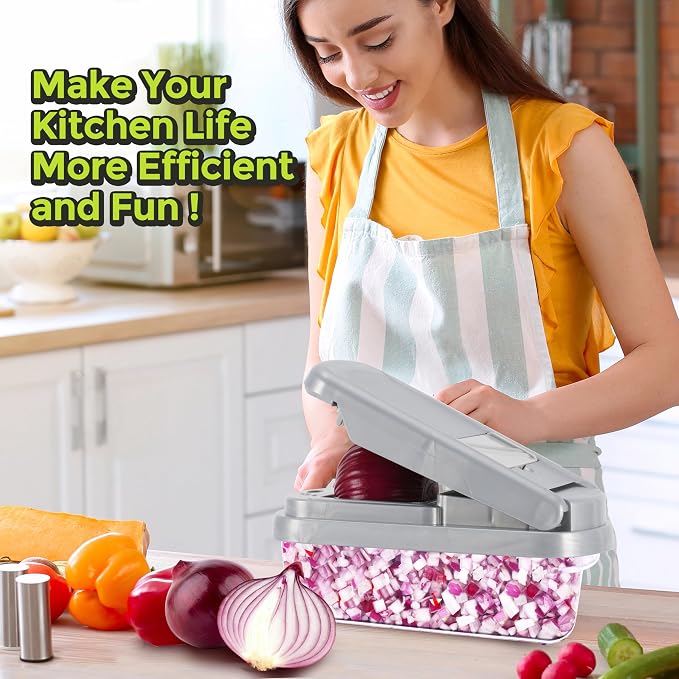 Vegetable Chopper,12-in-1 Multifunctional Food Chopper,Professional Onion Chopper with 7 Blades,Vegetable Cutter with Container for Salad,Potato,Carrot,and Garlic Essential Kitchen Tool (Silver gray)