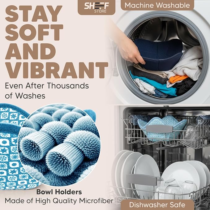 Sheff Microwave Bowl Cozy Holders Set of 4 - Durable and Reliable for Hot and Cold Plates and Dishes - Ideal Household Gift (Blue and White, 7 inch)