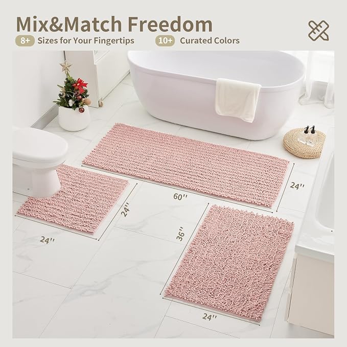 Bathroom Rugs Non Slip Washable 70x24, Extra Thick Soft Chenille Absorbent Bath Mat, High Density Barrier Non Slip Backing, Quick Dry Plush Shaggy Floor Carpet for Tub&Shower, Pink