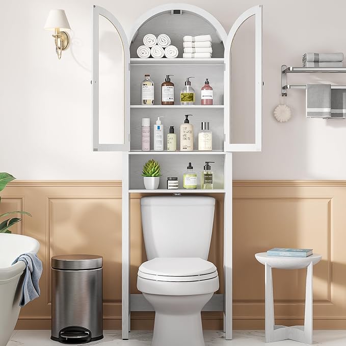 White Over The Toilet Storage Cabinet with Acrylic Doors, 4 Tier Small Bathroom Shelf Organizer, Arched Bathroom Cabinet with Adjustable Shelf, Slim Narrow Toilet Rack, Wood, Anti-Tipping Device