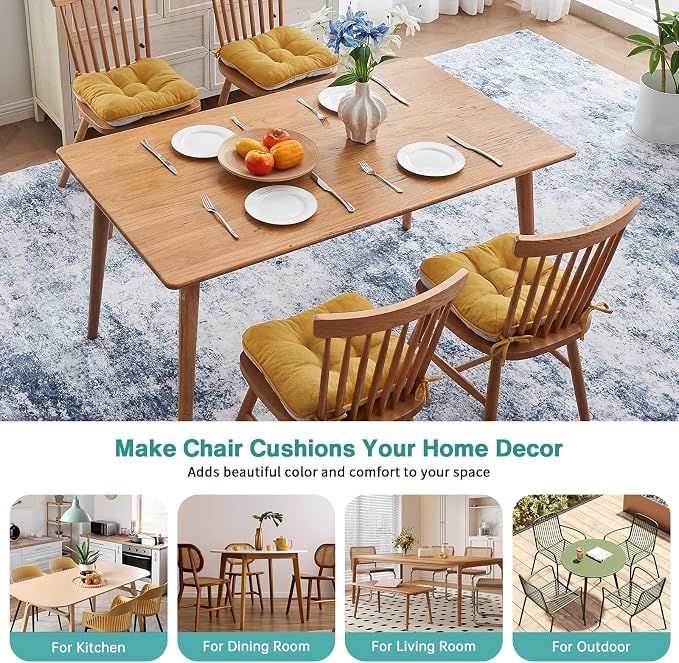 BETU Chair Cushions for Dining Chairs Set of 4,3.5" Thick Kitchen Table Chair Pads with Ties,Non Slip Backing and Covers, Seat Cushion for Dining Room,Bar,Patio Chairs,15.5"X15.5"X3.5",Yellow